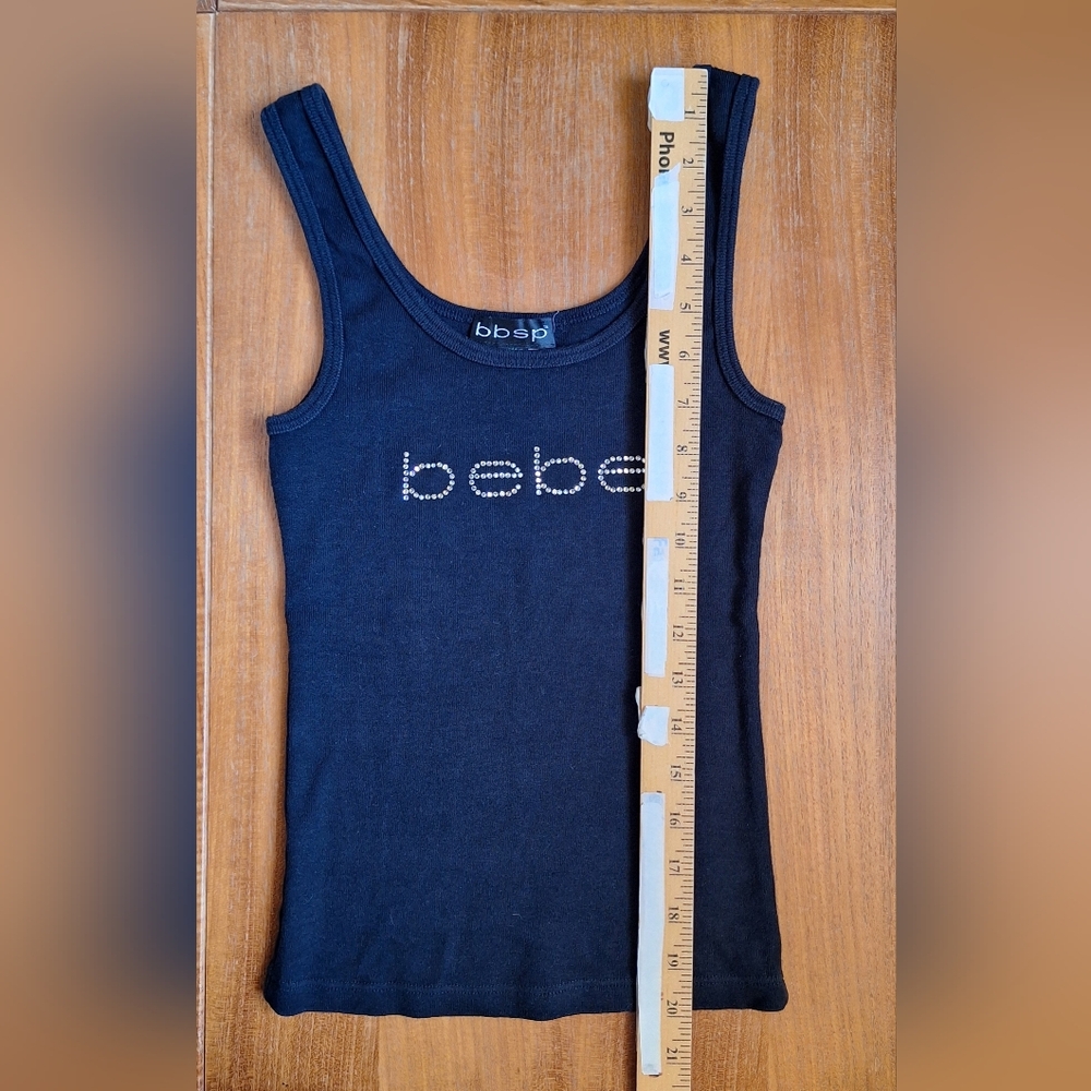 bebe Y2K Rhinestone Logo Tank 100% Cotton Crystal Spellout Sporty bbsp Black S - Picture 8 of 9